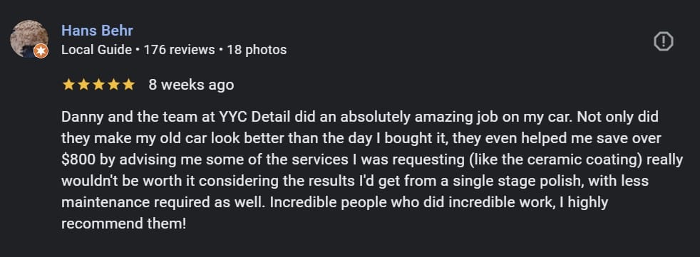 Complete Auto Detailing Calgary Google Review from Hans Behr